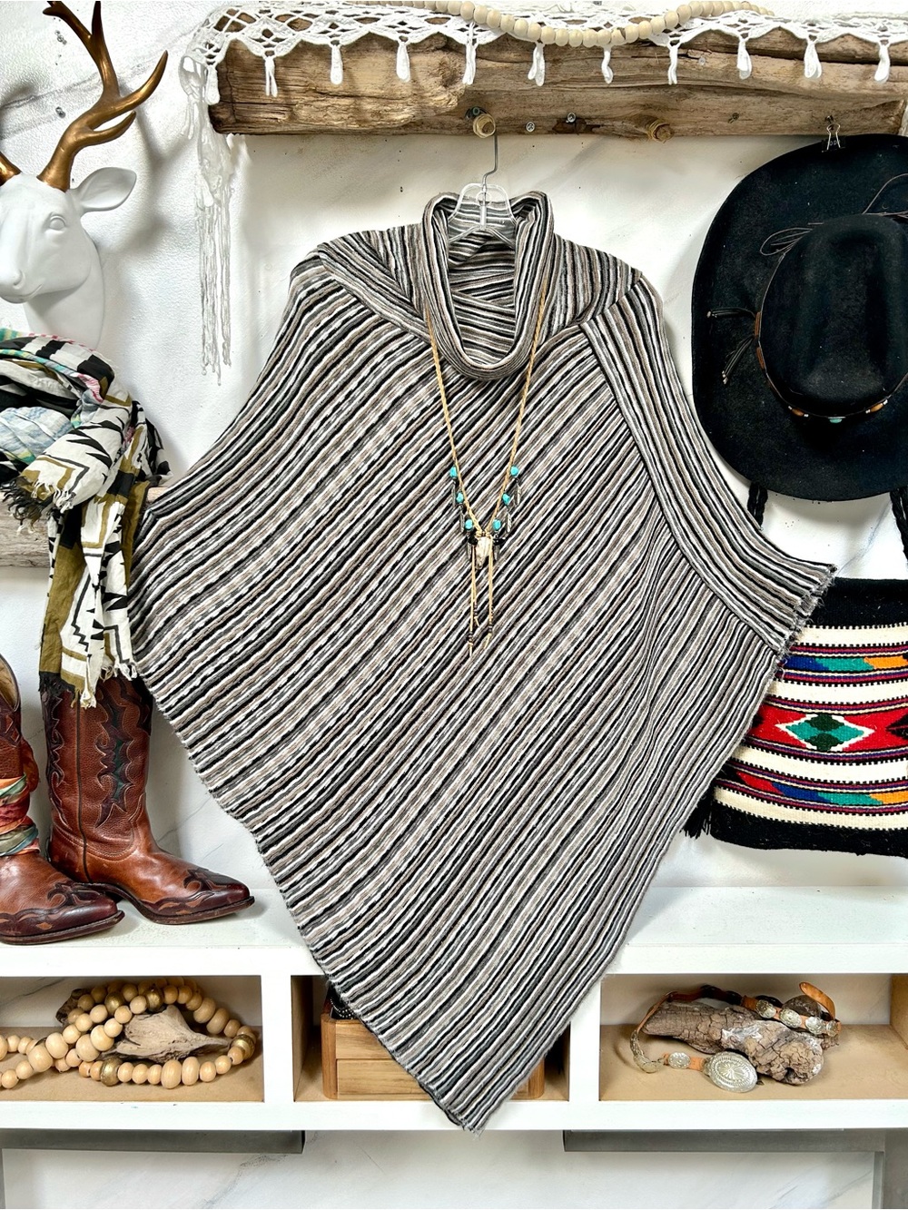 Big Buddha Striped Knit boho rustic Poncho w cottagecore farmhouse western vibe